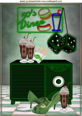 50's Diner with Green Radio, Fries and Milkshakes A4