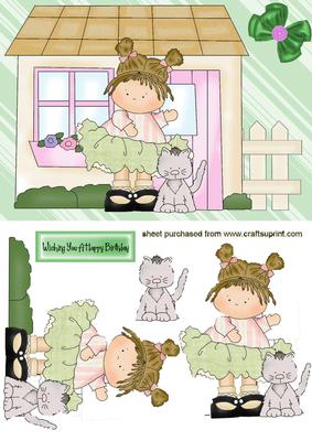 Cute Little Girl & Cat Outside House