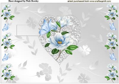 Silver Heart with Blue Flowers and Butterflies Pop Out Card