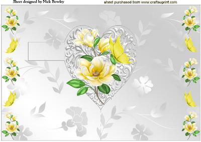 Silver Heart with Yellow Flowers and Butterflies Pop Out