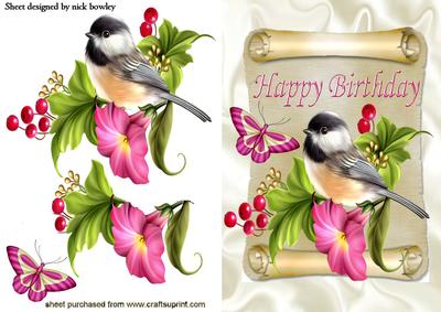 Sweet Little Bird on a Scroll with Flowers
