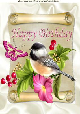 Sweet Little Bird on a Scroll with Flowers A4
