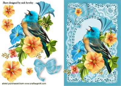 Bird with Flowers on Vintage Blue Lace