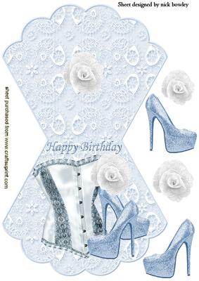 Satin Blue/white Basque with White Roses on Rocker Card