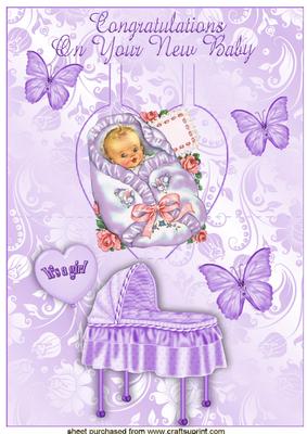 Vintage Baby Girl on a Heart with Purple Butterflies Pop Up