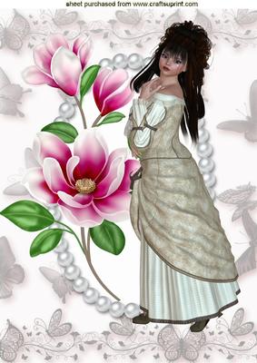 Pretty Vintage Lady with Pink Flowers A4