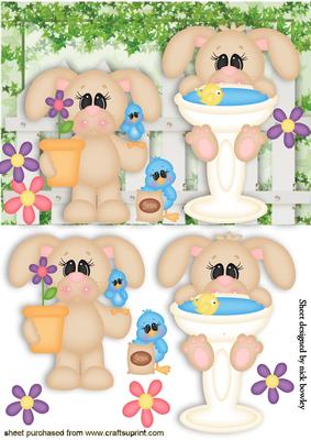 Gardening Bunnies with Little Blue Birds