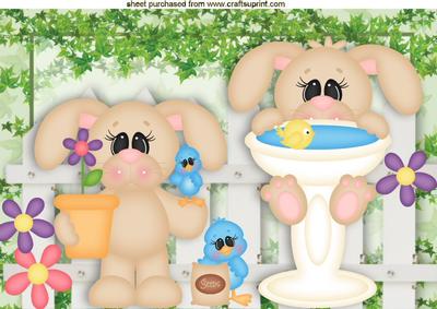 Gardening Bunnies with Little Blue Birds A4