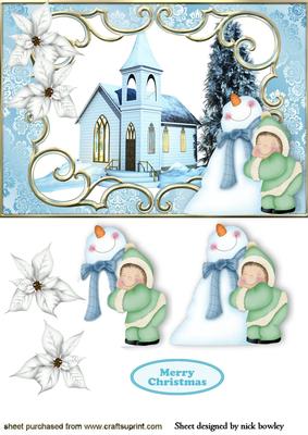 Pretty Christmas Church with Snowman and Poinsettias