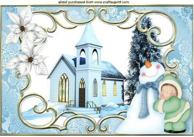 Pretty Christmas Church with Snowman A4