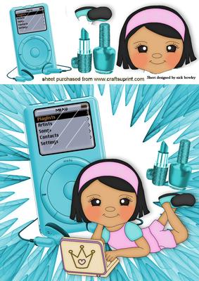 Little Girl with Mp3 Player and Laptop 8x8
