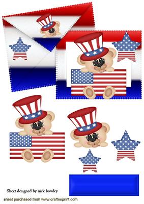 Independence Day Blue, Red /white on Card & Envelope