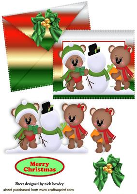 Little Teddies with Snowman on Card and Envelope