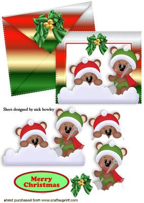 Christmas Teddies Playing in Snow on Card & Envelope
