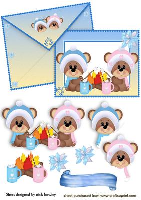 Little Teddies Keeping Warm on Card and Envelope