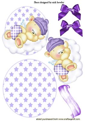 Cute Little Angel Bear with Purple Bows on a Cloud Rocker