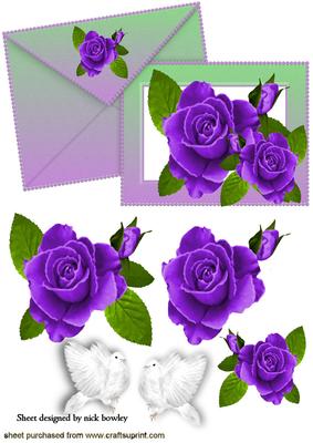 Purple Roses & White Doves on a Card & Envelope