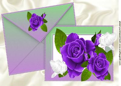 Purple Roses & White Doves on a Card with Envelope A4