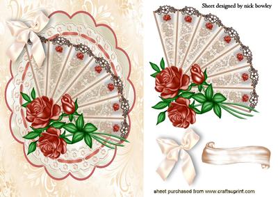 Pretty Ladies Fan with Roses on Lace with Bow