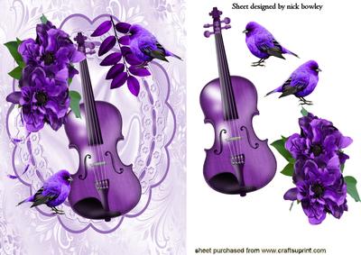 Pretty Purple Flowers with Violin and Birds on Lace
