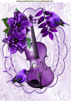 Pretty Purple Flowers with Violin and Birds on Lace A4