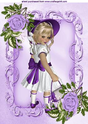 Little Lady with Her Bag in Frame of Purple Roses A4