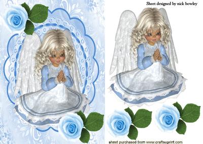 Little Angel Praying with Blue Roses on Lace