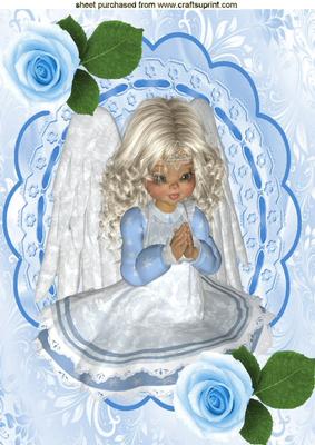 Little Angel Praying with Blue Roses on Lace A4