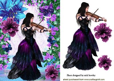 Fantasy Flowers in Pink/blue with Lady Playing Violin