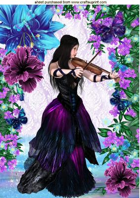 Fantasy Flowers in Pink/blue with Lady Playing Violin A4