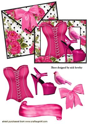 Pretty Cerise Basque and Shoe on Floral Card & Envelope