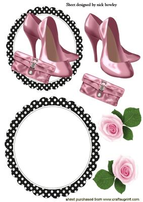 Pink Shoes , Pink Clutch Bag with Roses on Rocker Card