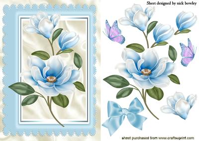 Pretty Blue Magnolia Flower with Butterflies and Bow
