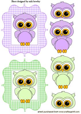 Cute Little Toppers of Purple and Green Owls Gingham Frame