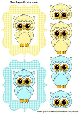 Cute Little Toppers of Lemon and Turq Owls in Gingham Frames