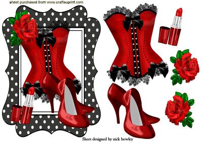 Sexy Red Basque with Shoes in Black Polkadot Frame with Rose