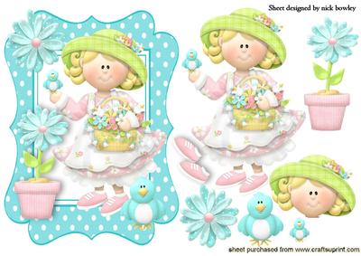 Little Lady in the Garden with Blue Birds and Flowers