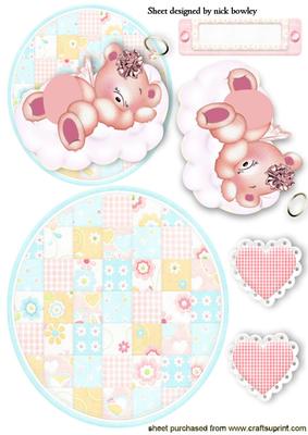 Little Sleepy Girl Angel Bear on Patchwork Rocker Card