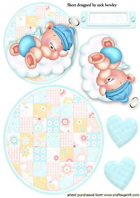 Little Sleepy Boy Angel Bear on Patchwork Rocker Card