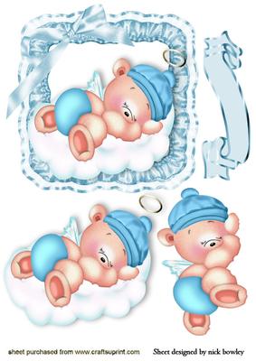 Sleepy Blue Angel Teddy in Ruffle Satin Frame