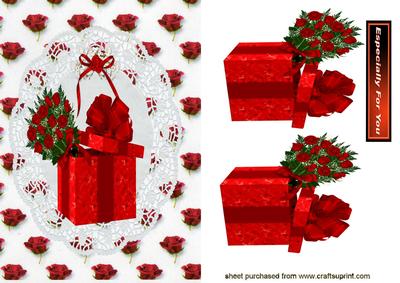 Lovely Red Roses and Present on Lace Background