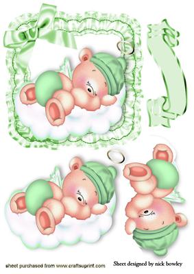 Sleepy Green Boy Angel Teddy in Ruffel Satin Frame