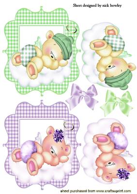 Sleepy Angel Teddies in Green/purple Toppers