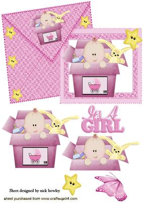Baby Girl in Toy Box with Bunny on Card & Envelope