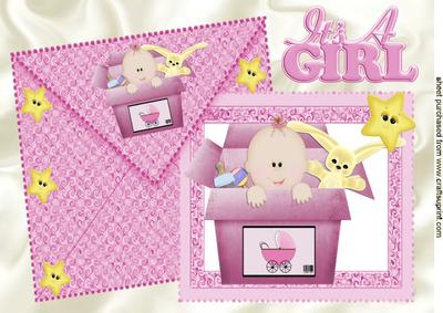 Baby Girl in Toy Box with Bunny on Card & Envelope A4