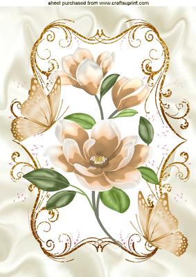 Gold Flower in Gold Ornate Frame with Butterflies A4