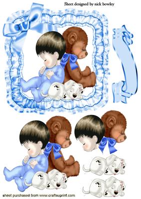 Sleepy Baby Boy with Teddy in Satin Ruffle Frame