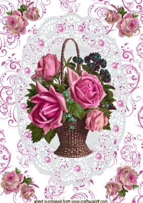 Beautiful Basket of Roses on Lace with Pearls, A4 Topper