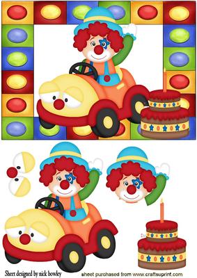Little Clown in His Jolly Car with Birthday Cake