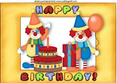 Birthday Clowns with Cake and Pressie A4